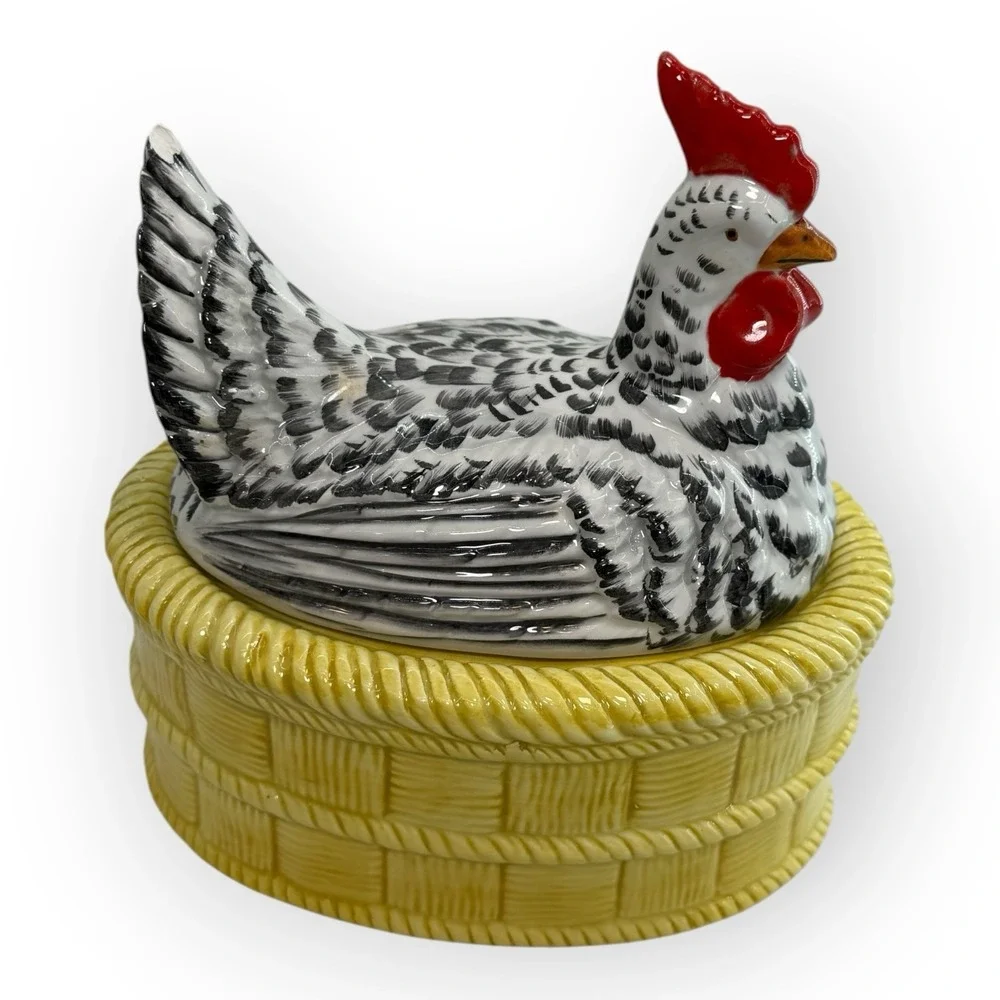 Hen on Nest Covered Dish Yellow Basket Base Hand Painted Chicken HON Vintage